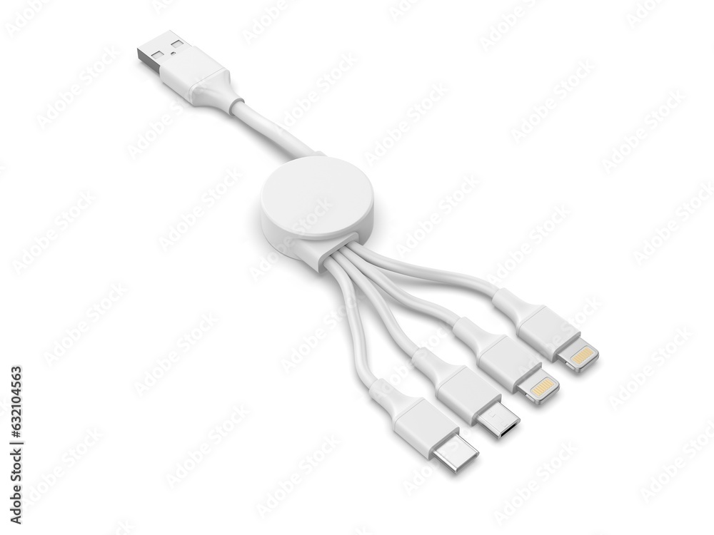 MULTICABLE 3 IN 1 RETRACTABLE FAST CHARGE Cable, 3d render illustration. MULTICABLE 3 IN 1 RETRACTABLE FAST CHARGE Cable, 3d render illustration.