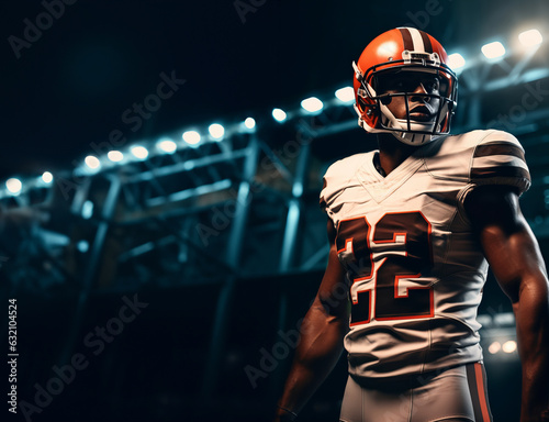 An American football player in an orange helmet and a white uniform. On the background of the floodlights of the football stadium. Background with space for text. Generative Ai