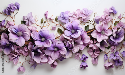 Abstract lilac flowers on white background  empty space.