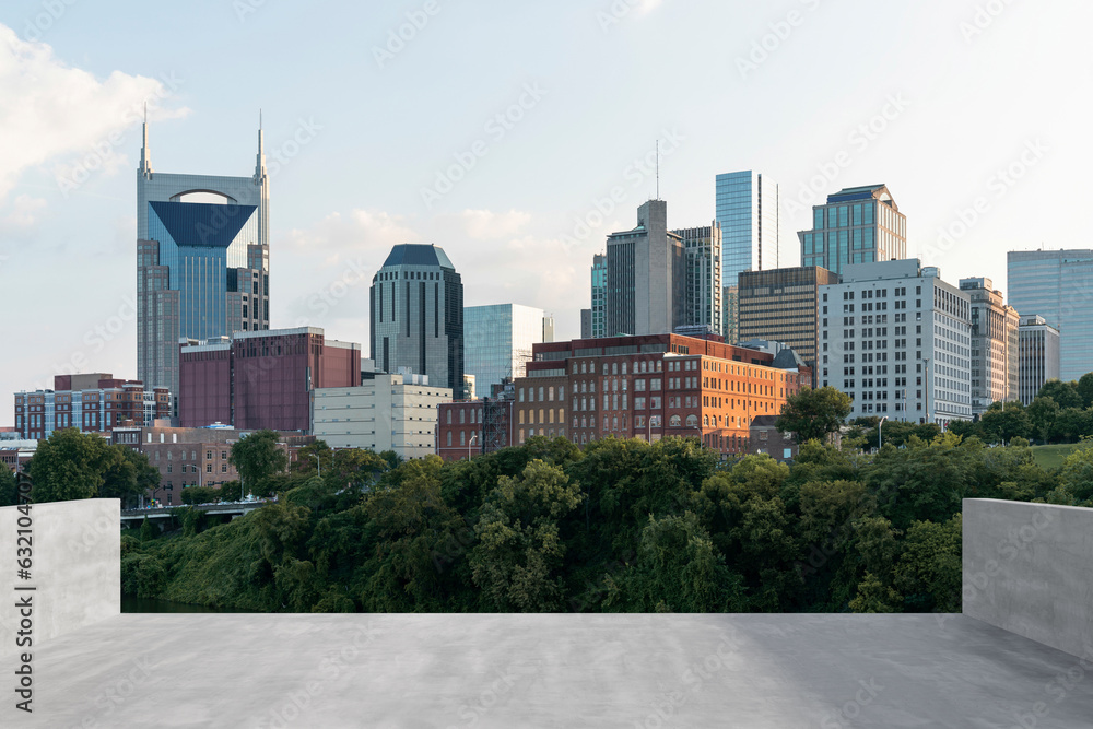 Obraz premium Skyscrapers Cityscape Downtown, Nashville Skyline Buildings. Beautiful Real Estate. Day time. Empty rooftop View. Success concept.