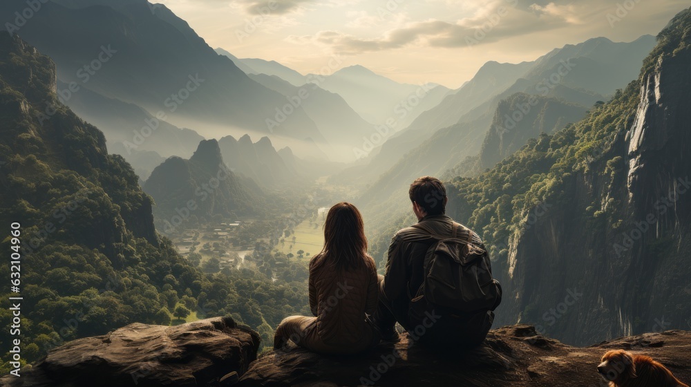 A couple with a dog in a dramatic, atmospheric panoramic landscape.Generative AI