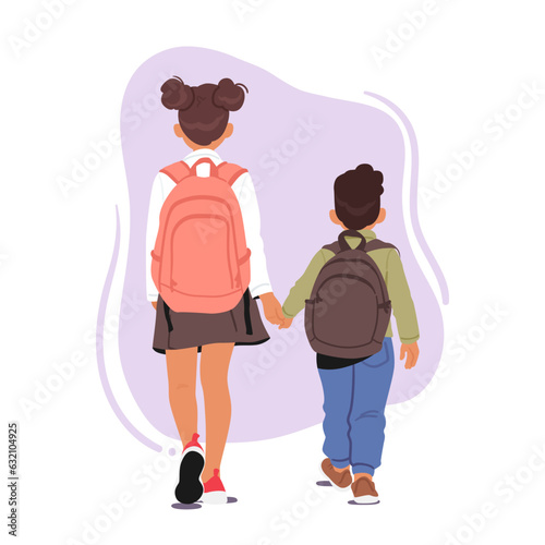 Two Children Characters With Backpacks Walking Hand In Hand Towards School, Rear View. Excitement And Anticipation