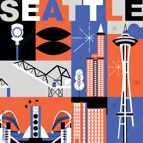 Seattle culture travel set, American famous architectures, USA in flat design. Business travel and tourism concept clipart. Image for presentation, banner, website, advert, flyer, roadmap, icons