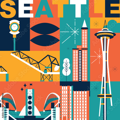 Seattle culture travel set, American famous architectures, USA in flat design. Business travel and tourism concept clipart. Image for presentation, banner, website, advert, flyer, roadmap, icons