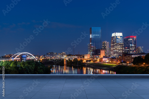 Skyscrapers Cityscape Downtown, Nashville Skyline Buildings. Beautiful Real Estate. Night time. Empty rooftop View. Success concept.