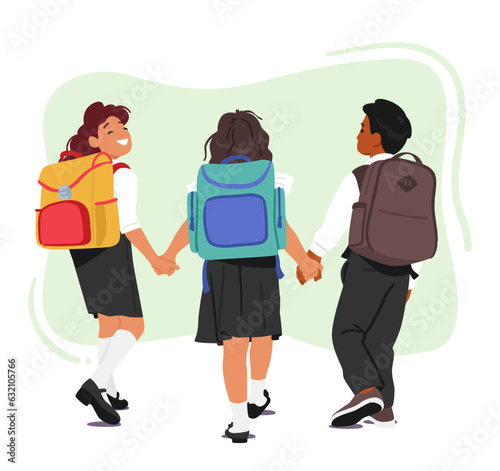 Group Of Children Characters With Backpacks On Their Backs, Walking Together In A Neat Line Towards School
