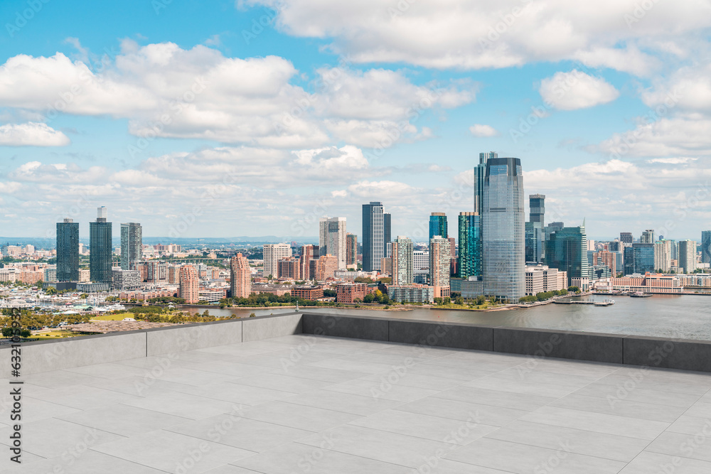 Obraz premium Skyscrapers Cityscape Downtown, New York Skyline Buildings. Beautiful Real Estate. Day time. Empty rooftop View. Success concept.