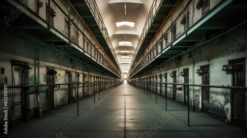 Rows of prison cells, prison interior.
