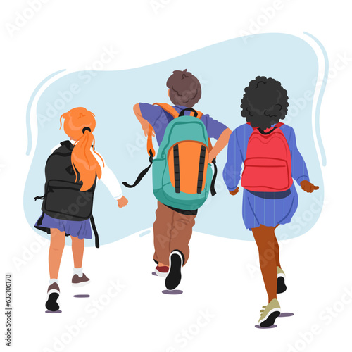 Group Of Children Characters Walking Together, Carrying Backpacks And Heading To School. Kids Excited And Eager To Learn