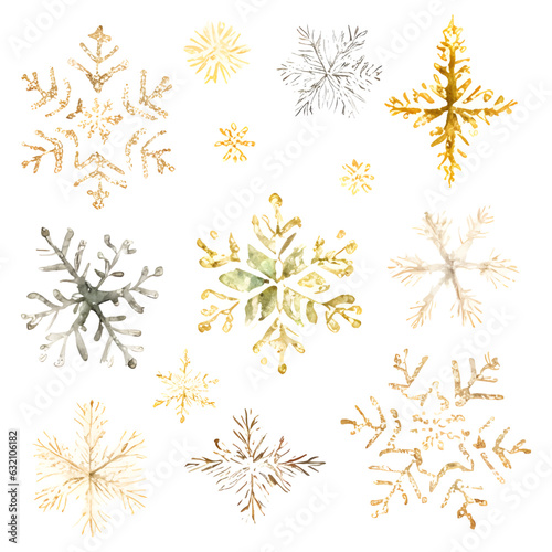 Set watercolor gold silver snowflakes. Clipart elements isolated on white background. © Evgeniya Sheydt
