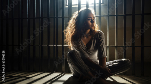 An anxious female prisoner sits on her knees in a cell, beamed with sunlight. through the barred window to her photo