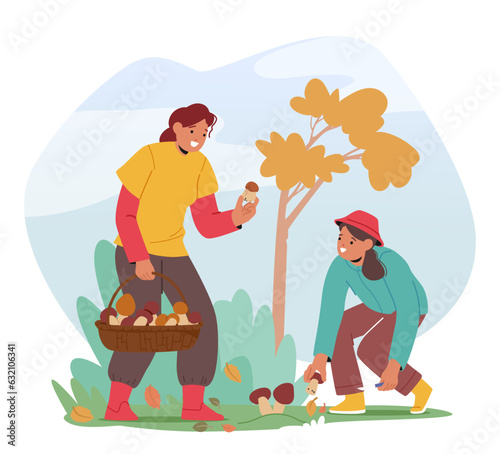 Young Women Carefully Gather Mushrooms In The Forest. Female Characters Filling Their Baskets With A Variety Of Shapes