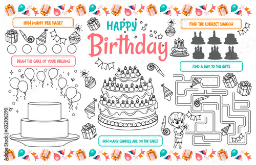 Festive placemat for children. Print out the happy birthday sheet with maze, hidden objects and find the ones that are the same. 17x11 inch printable vector file