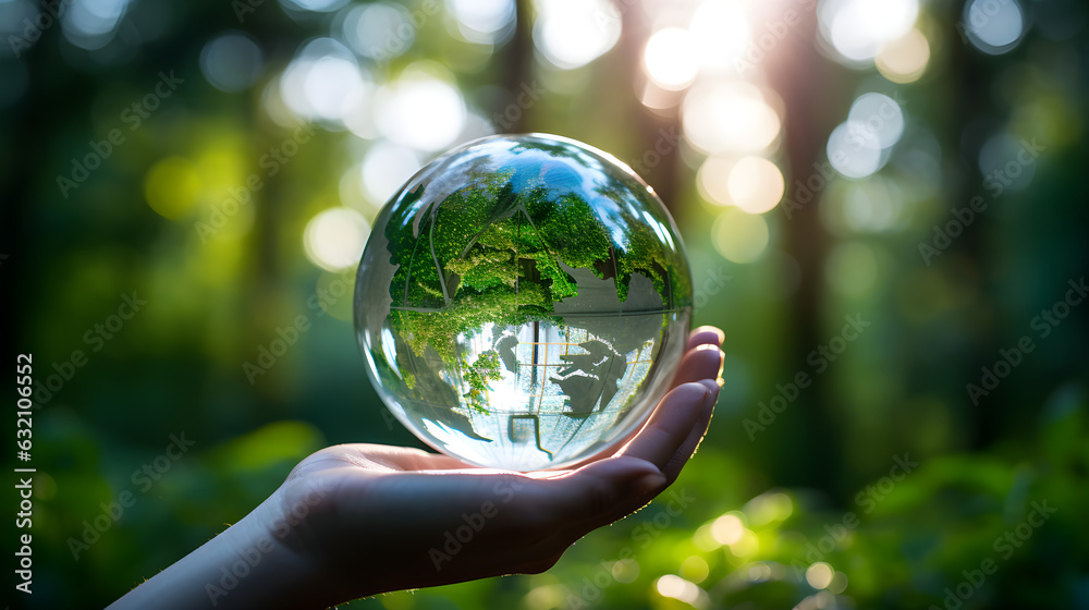 Human Hand Delicately Holding Transparent Globe, Symbolizing Environmental Conservation. ESG Earthday Concept. Generative Ai. 