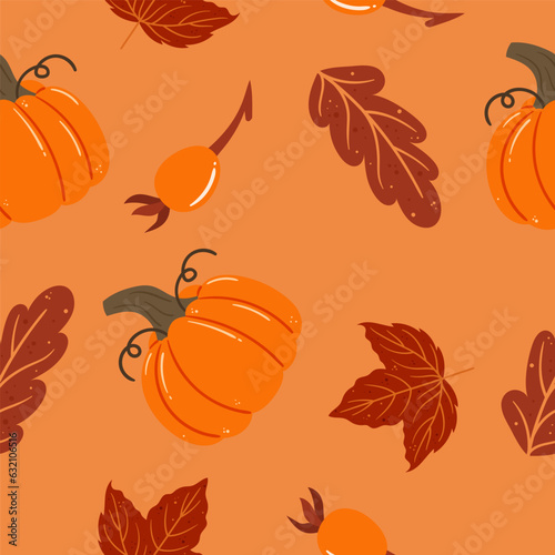Seamless Pattern Adorned With Vibrant Autumn Leaves And Ripe Pumpkins, Creating A Warm And Cozy Design