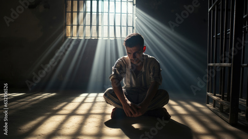 An anxious male prisoner sits on his knees in a cell  beamed with sunlight. through the barred window to him