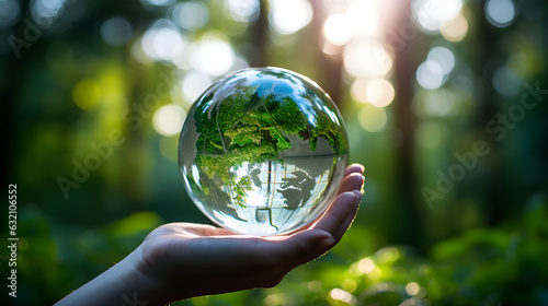 Human Hand Delicately Holding Transparent Globe, Symbolizing Environmental Conservation. ESG Earthday Concept. Generative Ai. 
