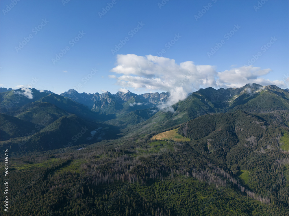 Mountain landscape in the Tatras in summer.  Drone view of the mountains in Zakopane in summer.