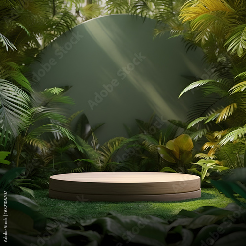 Round Product display podium with plants on green forest background