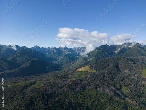 Mountain landscape in the Tatras in summer. Drone view of the mountains in Zakopane in summer.