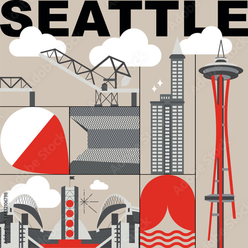 Seattle culture travel set, American famous architectures, USA in flat design. Business travel and tourism concept clipart. Image for presentation, banner, website, advert, flyer, roadmap, icons