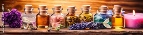 Selection of essential oils with various herbs and flowers on the background. Aromatherapy oil in glass bottle on table in spa salon. Essential lavender oil in a small bottle. Selective focus. Spa sti