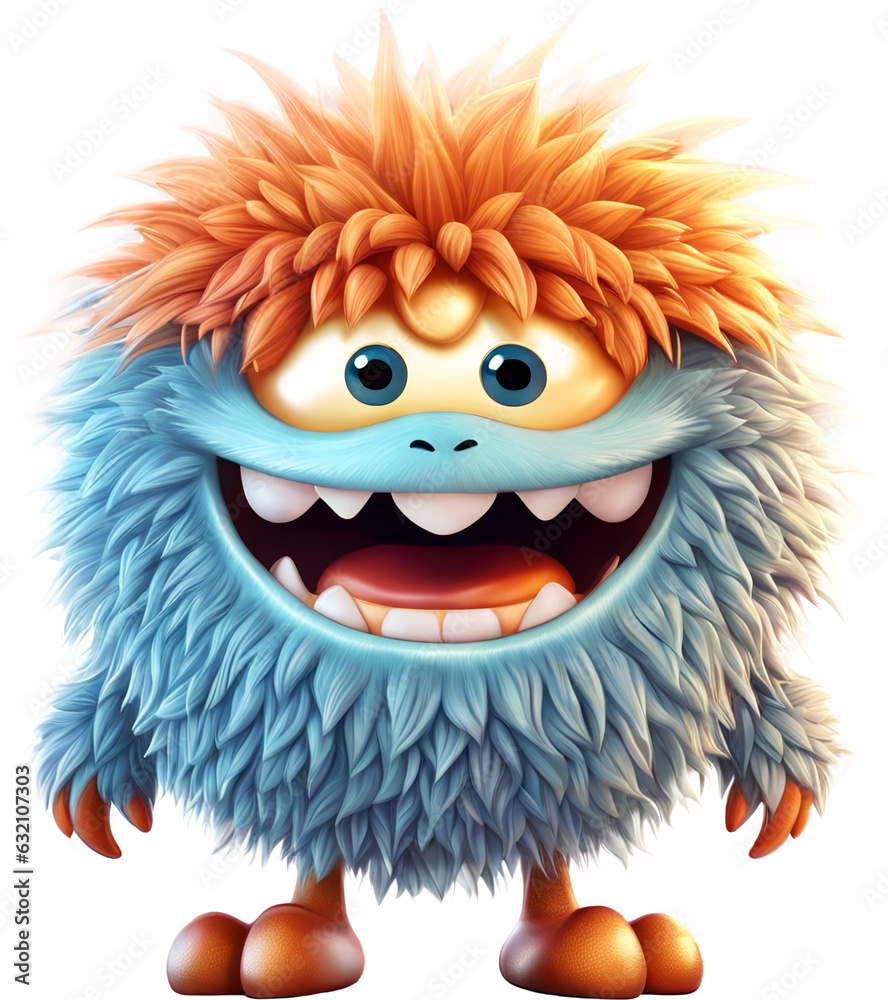 Funny shaggy furry cheerful monster with big eyes and smiling mouth with big white teeth, isolated on transparent background. Children's cartoon character or cute soft toy. Generative AI