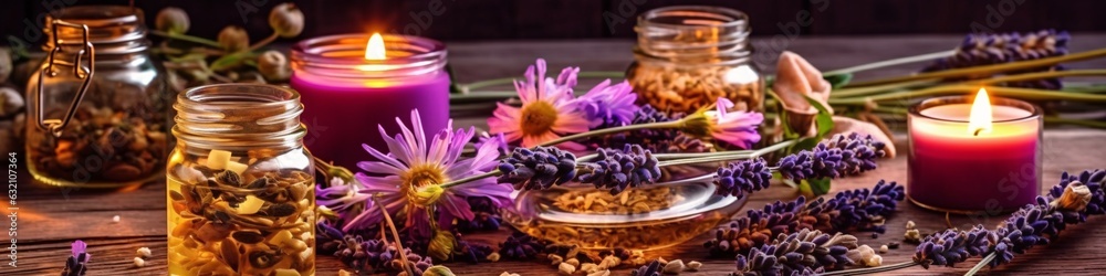 Selection of essential oils with various herbs and flowers on the background. Aromatherapy oil in glass bottle on table in spa salon. Essential lavender oil in a small bottle. Selective focus. Spa sti - obrazy, fototapety, plakaty 