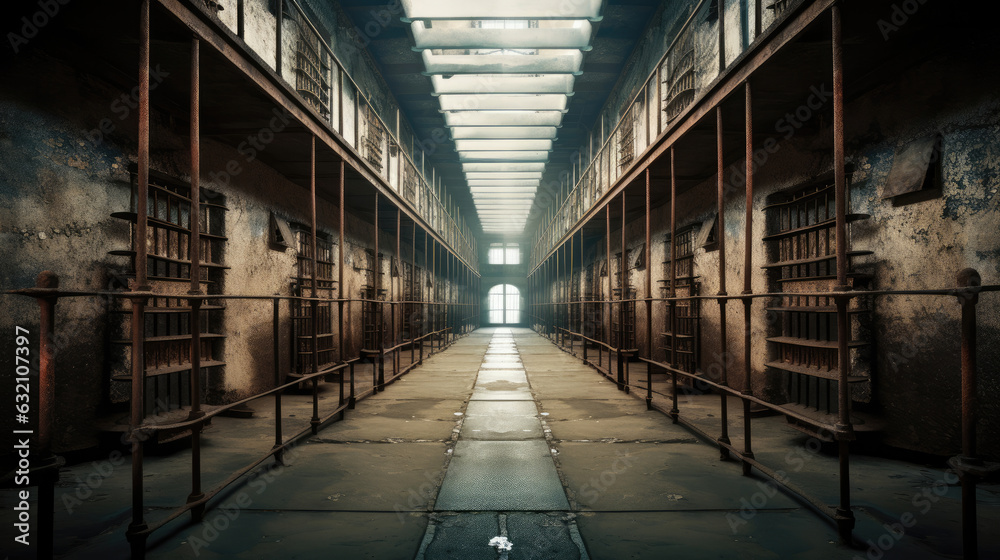 Rows of prison cells, prison interior.