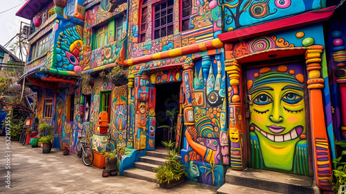 Vibrant Taichung’s Rainbow Village, displaying an artist in multi-color paint enhancing a whimsically decorated house. Exudes creativity and vivacious charm. Generative AI © XaMaps