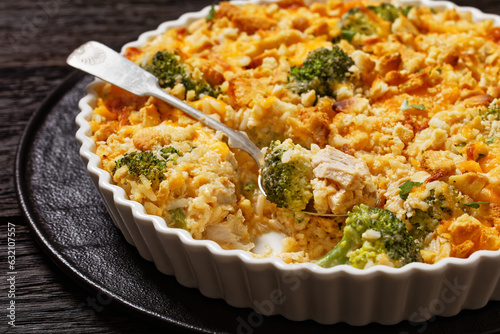 chicken rice broccoli casserole in baking dish