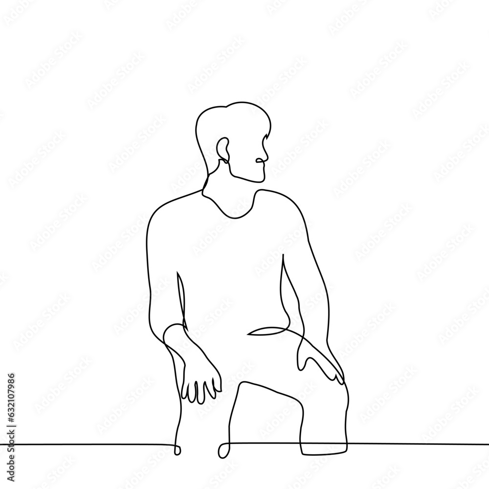 The man calmly sits with his hands on his knees - one line art vector. Concept obedience, expectation The man calmly sits with his hands on his knees - one line art vector. Concept obedience, expectation