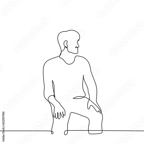 The man calmly sits with his hands on his knees - one line art vector. Concept obedience, expectation