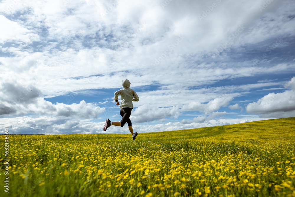 Woman trail runner cross country running at high altitude flowering mountain Woman trail runner cross country running at high altitude flowering mountain