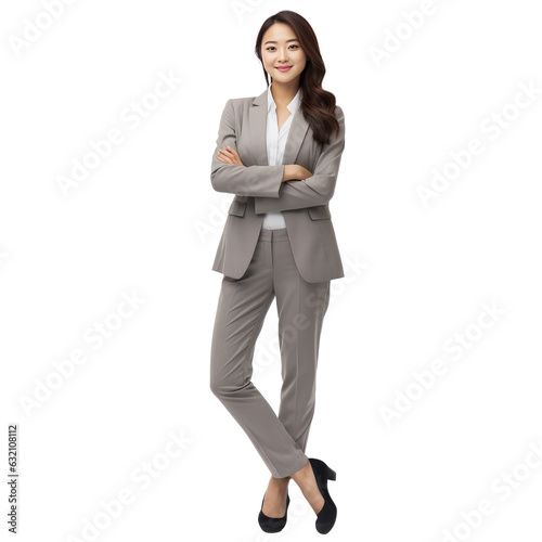 Full body Young beautiful asian business woman happy face smiling, isolated on white transparent background