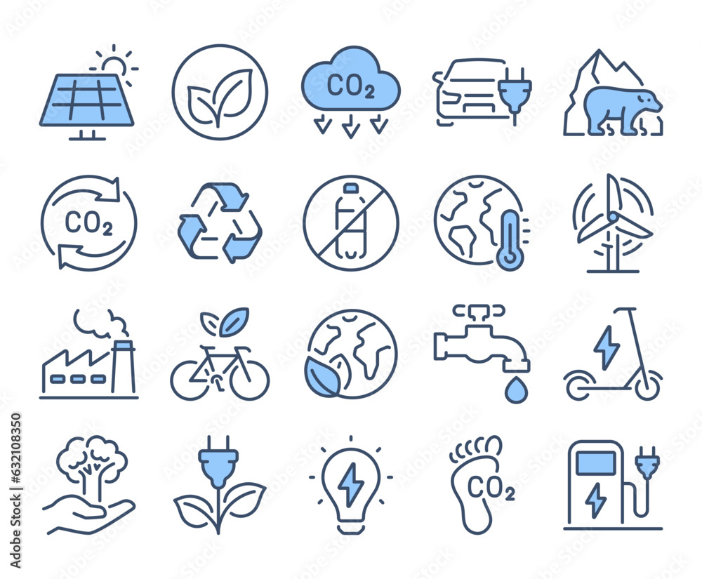 Carbon footprint, CO2 neutral, net zero, sustainable development blue editable stroke outline icons set isolated on white background flat vector illustration. Pixel perfect. 64 x 64.