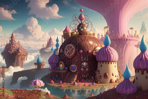 Fantasy land with a chocolate factory.