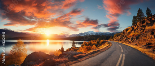 photo of a empty road leading to the lake by sunset  adventure-themed