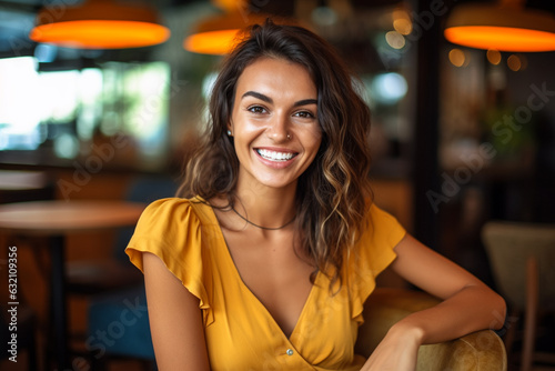 Beautiful brunette woman smiling in a bar. Generative AI