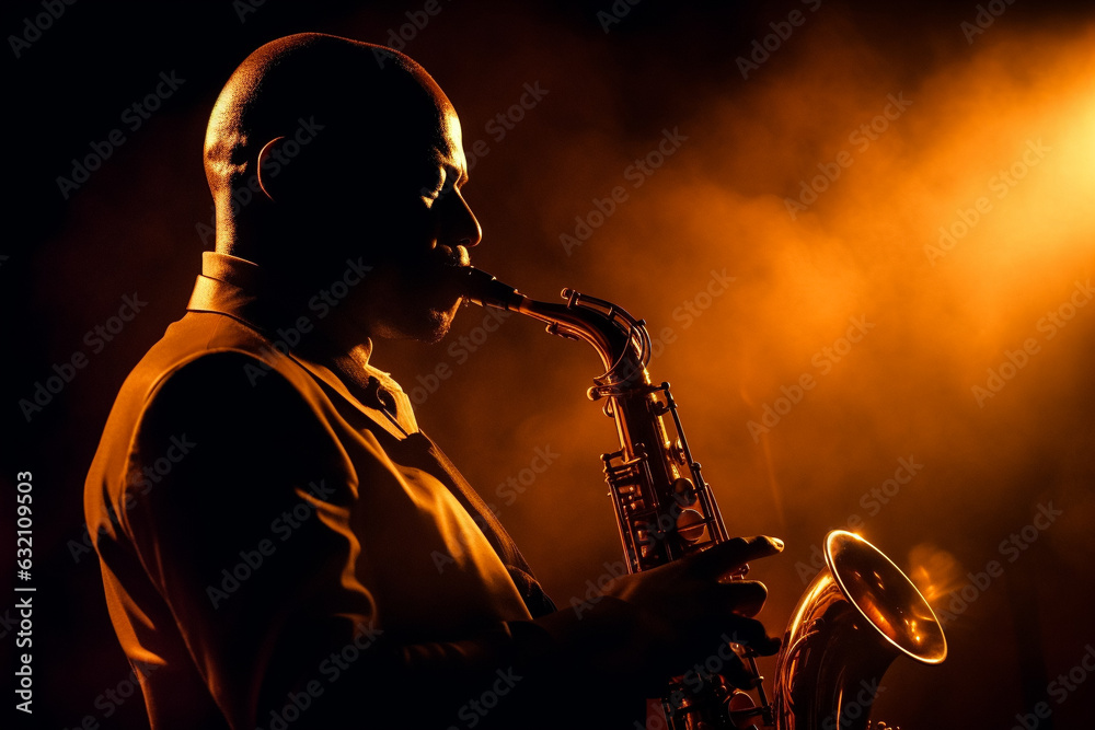 Black man playing saxophone on a smoky background. Generative AI. - obrazy, fototapety, plakaty 