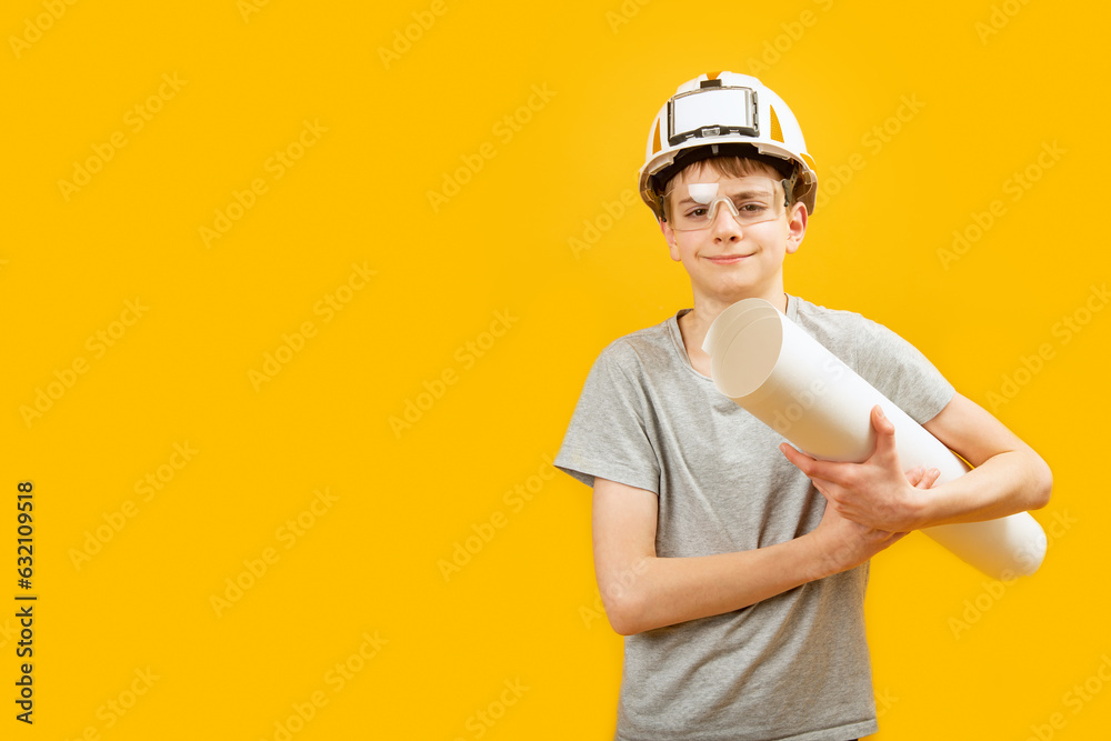 Teenage boy wears protective helmet and glasses hold roll of paper or drawings on yellow background. Choosing profession of engineer architect. Copy space. Mock up