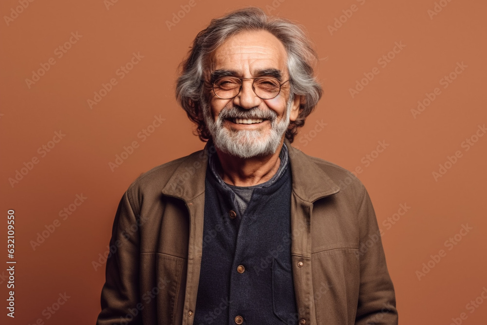Friendly gentleman with glasses smiling at the camera on a brown background. Generative AI. Friendly gentleman with glasses smiling at the camera on a brown background. Generative AI.