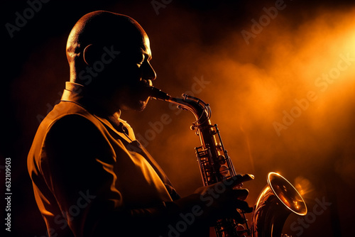 Black man playing saxophone on a smoky background. Generative AI.
