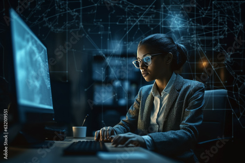 Business woman working in the office at night. Generative AI. photo