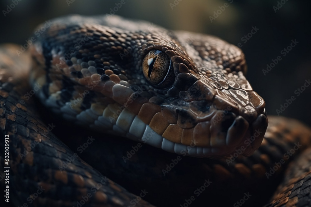 Closeup of a snake's head. Generative AI. Closeup of a snake's head. Generative AI.