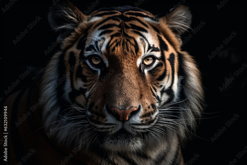 A tiger’s face closeup. Generative AI.