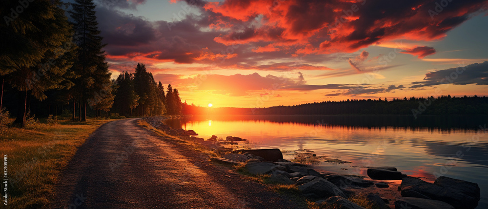 photo of a empty road leading to the lake by sunset, adventure-themed