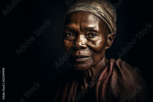 Elderly black woman looking at the camera on a dark background. Generative AI.