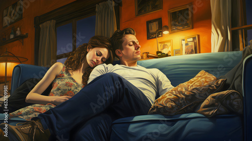 un jeune couple en train de dormir sur un canapé - illustration
