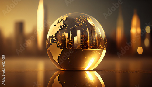 A gold globe  earth finance concept economy global business  skyscrapers in the style of bokeh in the background  Ai generated image